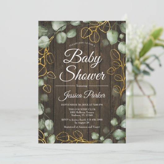 Eucalyptus Krans Rustiek Hout Baby shower Kaart (Staand voorkant)