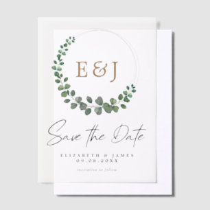 Eucalyptus krans Sage Green & Gold Bewaar de datum Vellum Uitnodigingen
