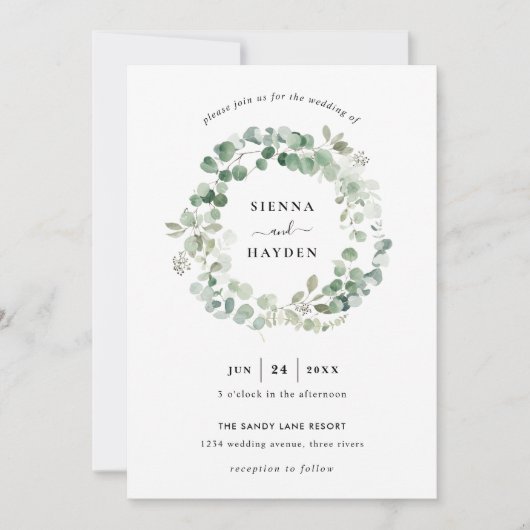 Eucalyptus krans Sage Groene bruiloft uitnodiging (Voorkant)