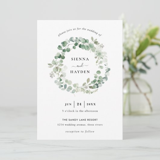 Eucalyptus krans Sage Groene bruiloft uitnodiging (Staand voorkant)