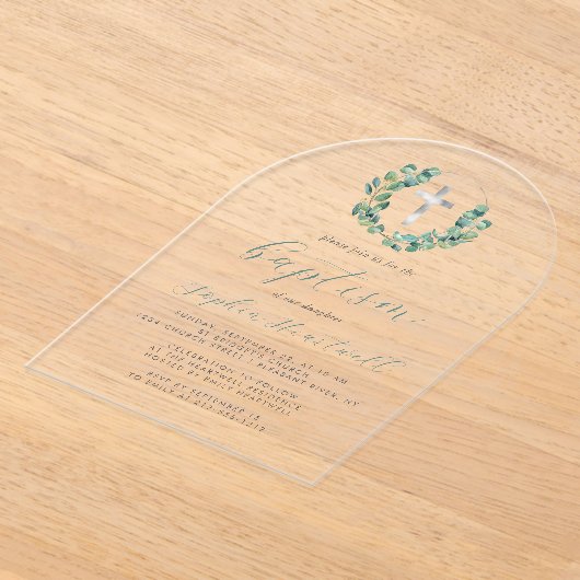 Eucalyptus krans Zilveren Kruis doop Acryl Uitnodigingen (Laagn)