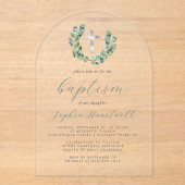 Eucalyptus krans Zilveren Kruis doop Acryl Uitnodigingen (Voorkant)