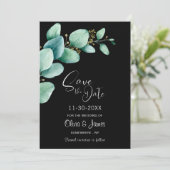 Eucalyptus laat aangepaste foto's in zwart huwelij save the date (Staand voorkant)
