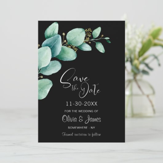Eucalyptus laat aangepaste foto's in zwart huwelij save the date (Staand voorkant)