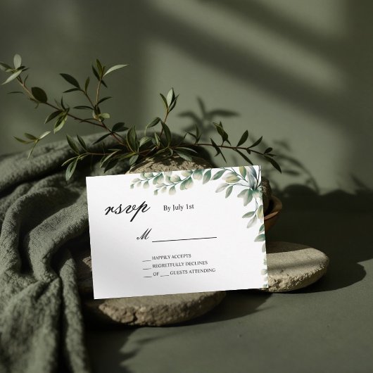 Eucalyptus laat botanische trouwkaart achter RSVP kaartje