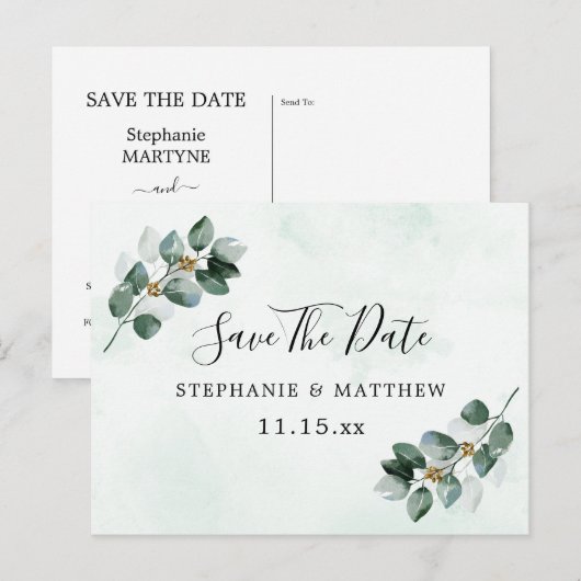Eucalyptus laat elegante bruiloft de datum bewaren aankondigingskaart (Voorkant / Achterkant)