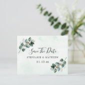 Eucalyptus laat elegante bruiloft de datum bewaren aankondigingskaart (Staand voorkant)