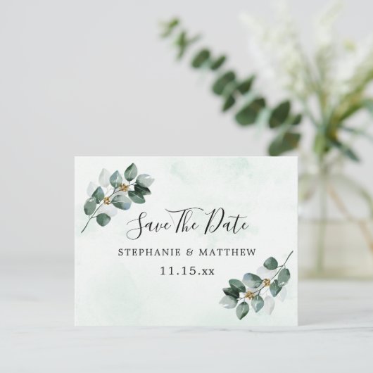 Eucalyptus laat elegante bruiloft de datum bewaren aankondigingskaart (Staand voorkant)
