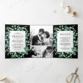Eucalyptus laat fotocollage zwart bruiloft drieluik uitnodiging (Binnen)