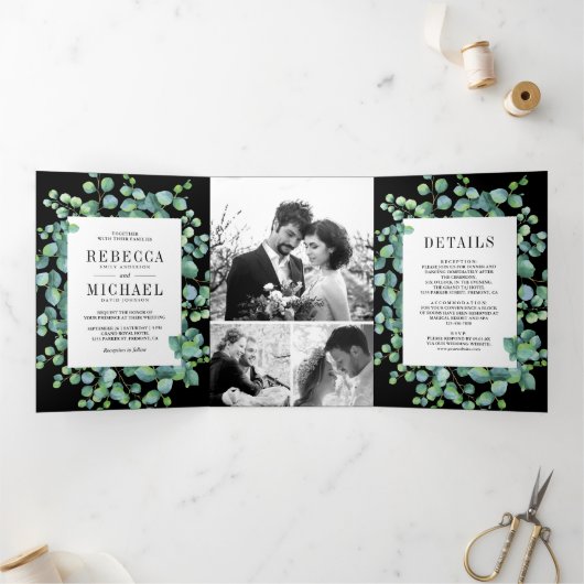 Eucalyptus laat fotocollage zwart bruiloft drieluik uitnodiging (Binnen)