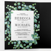 Eucalyptus laat fotocollage zwart bruiloft drieluik uitnodiging (Binnenzijde eerst)