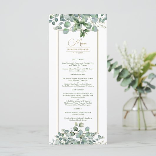 Eucalyptus laat gouden salie groen bruiloft menu (Staand voorkant)