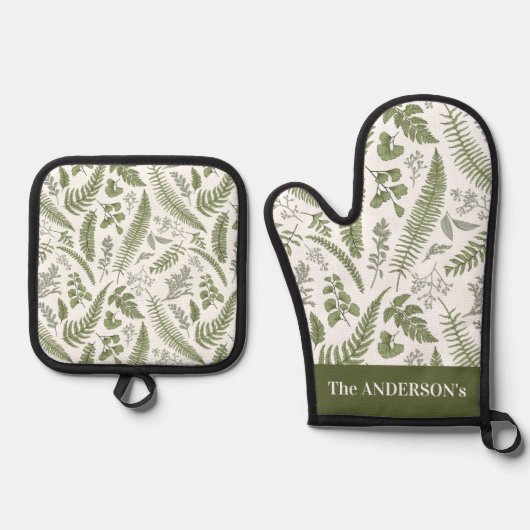 Eucalyptus laat groen aangepaste naam ovenwant & pannenlap set (Voorkant)