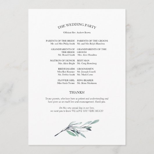 Eucalyptus laat groen bruiloft programma's (Achterkant)