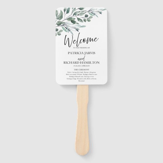 Eucalyptus laat groen bruiloft programma's handwaaier (Voorkant)