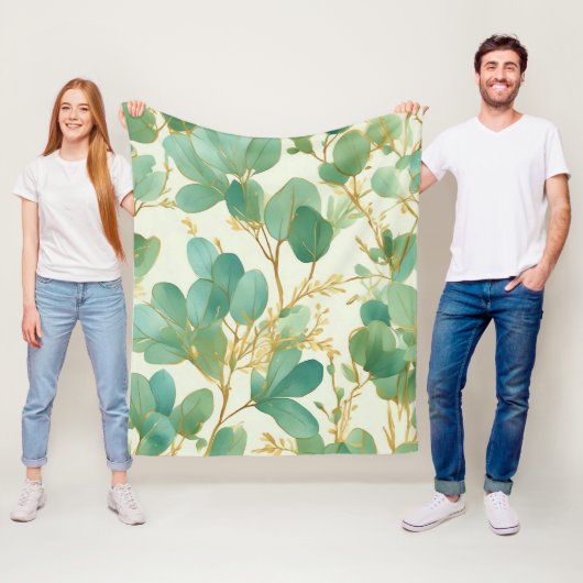 Eucalyptus laat groen en goud ontwerp fleece deken (In situ)