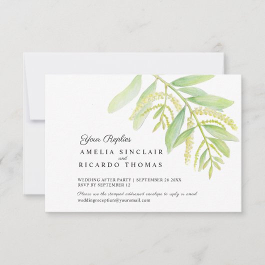 Eucalyptus laat groen water bruiloft RSVP kaartje (Voorkant)