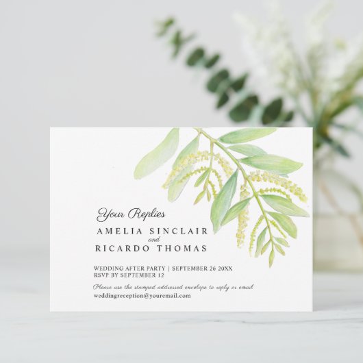 Eucalyptus laat groen water bruiloft RSVP kaartje (Staand voorkant)