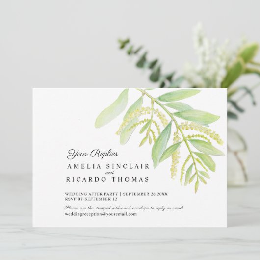 Eucalyptus laat groen water bruiloft save the date (Staand voorkant)