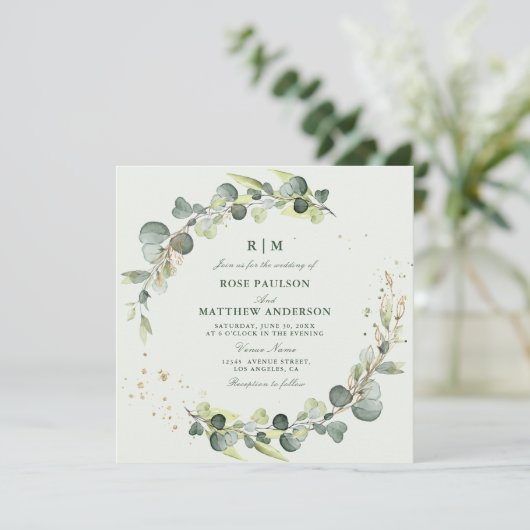 Eucalyptus laat krans bruiloft uitnodiging (Staand voorkant)