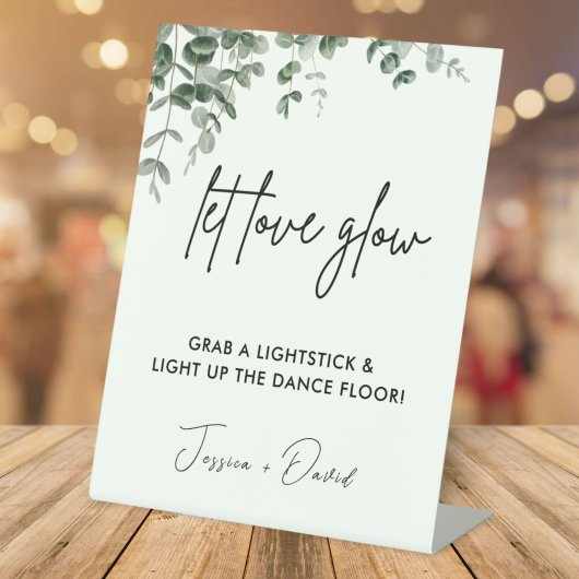 Eucalyptus laat liefde gloed bruiloft gloed stick  reclamebord met voetstuk