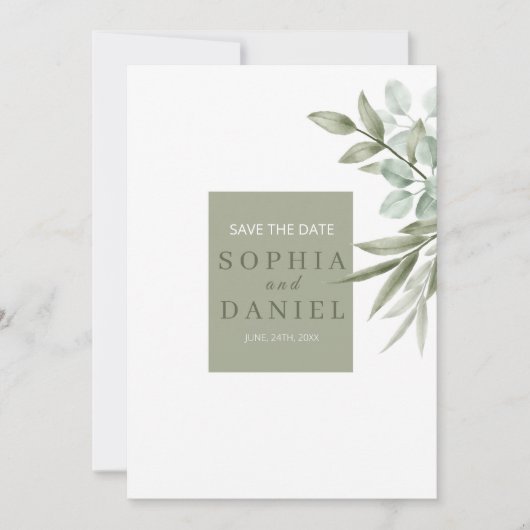 Eucalyptus laat minimalistisch de datum opslaan save the date (Voorkant)