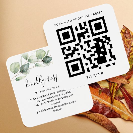 Eucalyptus laat QR-code bruiloft Website RSVP Vierkante Visitekaartjes