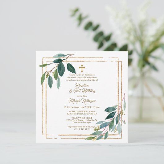 Eucalyptus laat Spaanse jongen 1e verjaardag doop Kaart (Staand voorkant)