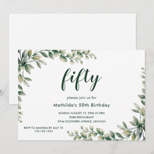 Eucalyptus laat uitnodiging voor volwassen verjaar (Voorkant / Achterkant)