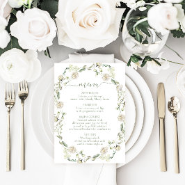 Eucalyptus laat witte pioenbloemen trouwmenu RSVP kaartje