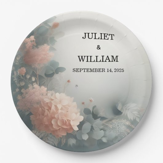 Eucalyptus Lace Tule Pastel Stoffig Blauw Bruiloft Papieren Bordje (Voorkant)