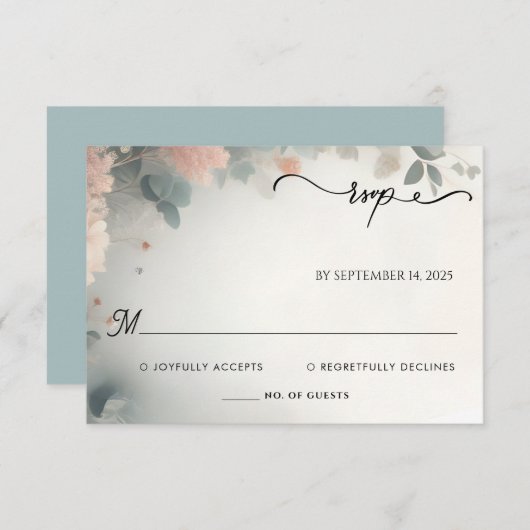 Eucalyptus Lace Tule Pastel Stoffig Blauw Bruiloft RSVP Kaartje (Voorkant / Achterkant)