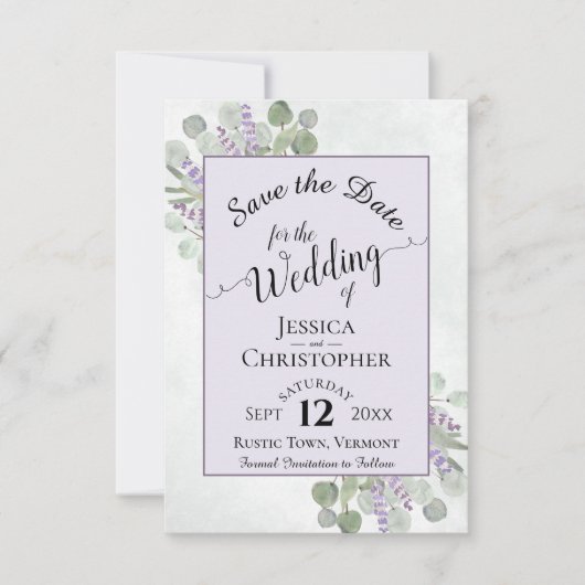 Eucalyptus & Lavendel Calligrafie Paarse Bruiloft Save The Date (Voorkant)