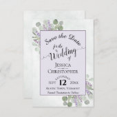 Eucalyptus & Lavendel Calligrafie Paarse Bruiloft Save The Date (Voorkant / Achterkant)
