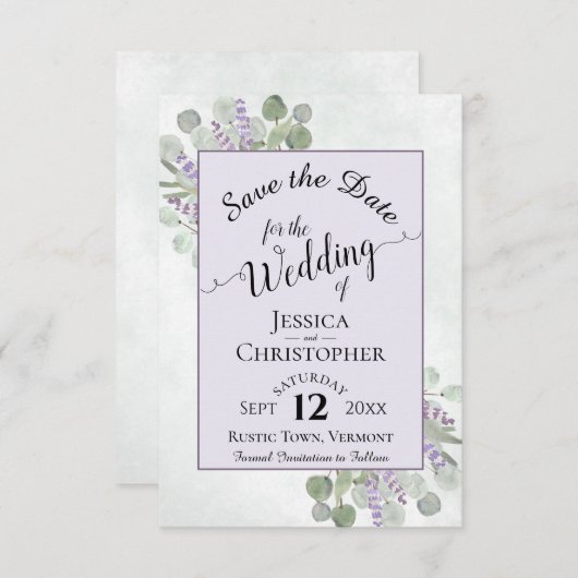 Eucalyptus & Lavendel Calligrafie Paarse Bruiloft Save The Date (Voorkant / Achterkant)