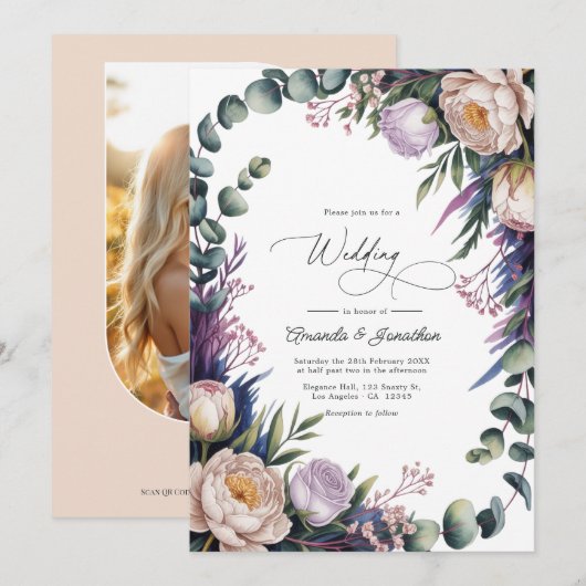 Eucalyptus, Lavendel & Champagne Blush Trouwfeest Kaart (Voorkant / Achterkant)