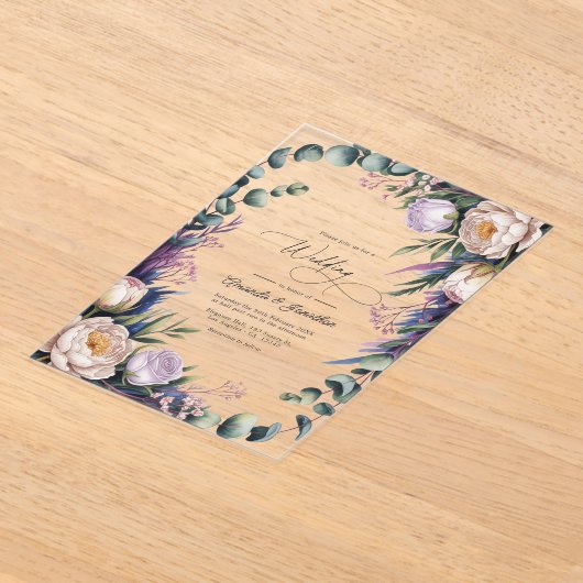 Eucalyptus, Lavendel & Champagne Roze Huwelijk Acryl Uitnodigingen (Laagn)