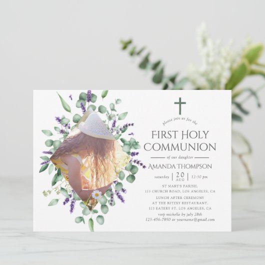 Eucalyptus Lavendel Eerste Heilige Communie Kaart (Staand voorkant)