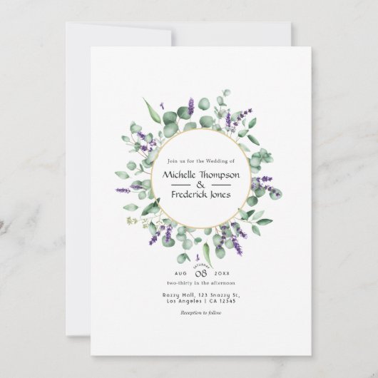 Eucalyptus Lavendel Geometrisch Goud Bruiloft Kaart (Voorkant)