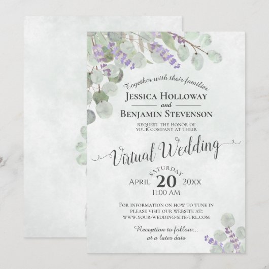Eucalyptus Lavendel & Groen Virtuele Bruiloft Kaart (Voorkant / Achterkant)