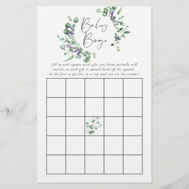 Eucalyptus Lavendel Groene Baby Shower Bingo (Voorkant)