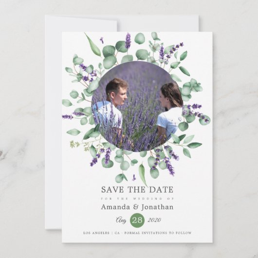 Eucalyptus Lavendel Groene Foto Huwelijk Save The Date (Voorkant)