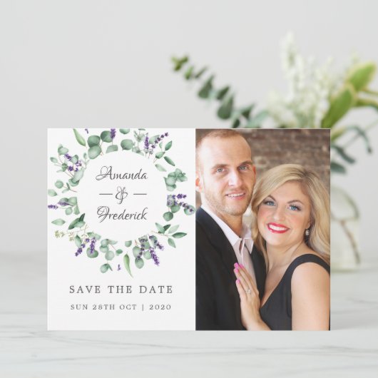 Eucalyptus Lavendel Groene Huwelijk Save The Date (Staand voorkant)
