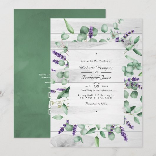 Eucalyptus Lavendel Groene QR Code RSVP Huwelijk Kaart (Voorkant / Achterkant)