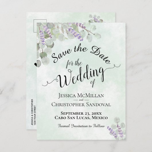 Eucalyptus & Lavendel Mint Bruiloft Save the Date Aankondigingskaart (Voorkant / Achterkant)
