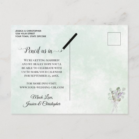 Eucalyptus & Lavendel Mint Bruiloft Save the Date Aankondigingskaart (Achterkant)