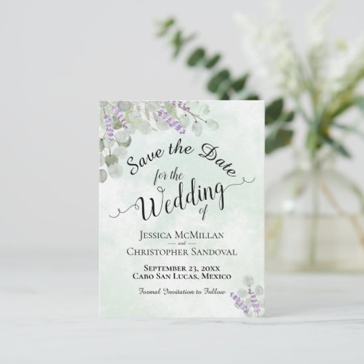 Eucalyptus & Lavendel Mint Bruiloft Save the Date Aankondigingskaart (Staand voorkant)