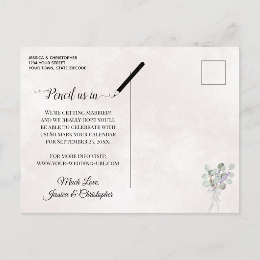 Eucalyptus & Lavendel Roze Bruiloft Save the Date Aankondigingskaart (Achterkant)