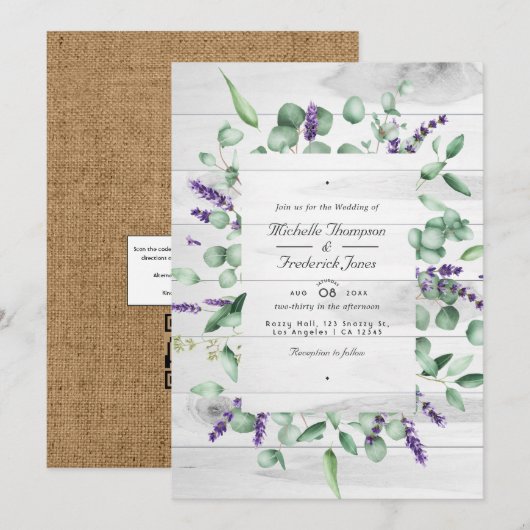 Eucalyptus Lavendel Rustieke QR Code RSVP Trouwen Kaart (Voorkant / Achterkant)