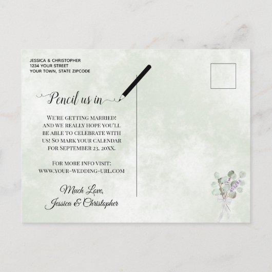 Eucalyptus & Lavendel Sage Bruiloft Save the Date Aankondigingskaart (Achterkant)